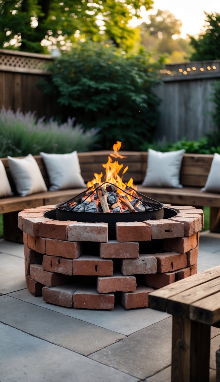 Outdoor firepit made of reclaimed bricks with an attached cooking grill in a backyard setting with seating around it.