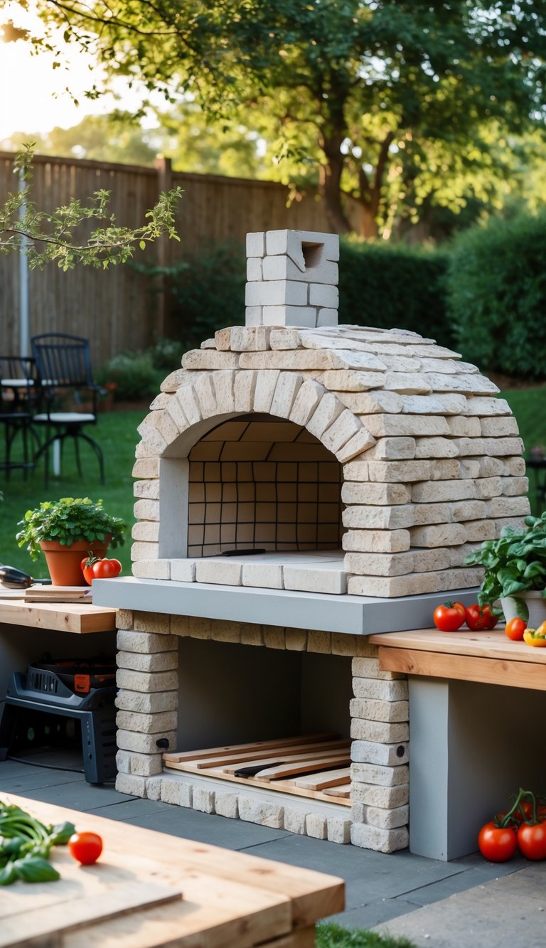 Backyard with a partially assembled stone or brick pizza oven kit surrounded by tools and fresh ingredients in an outdoor kitchen setting.