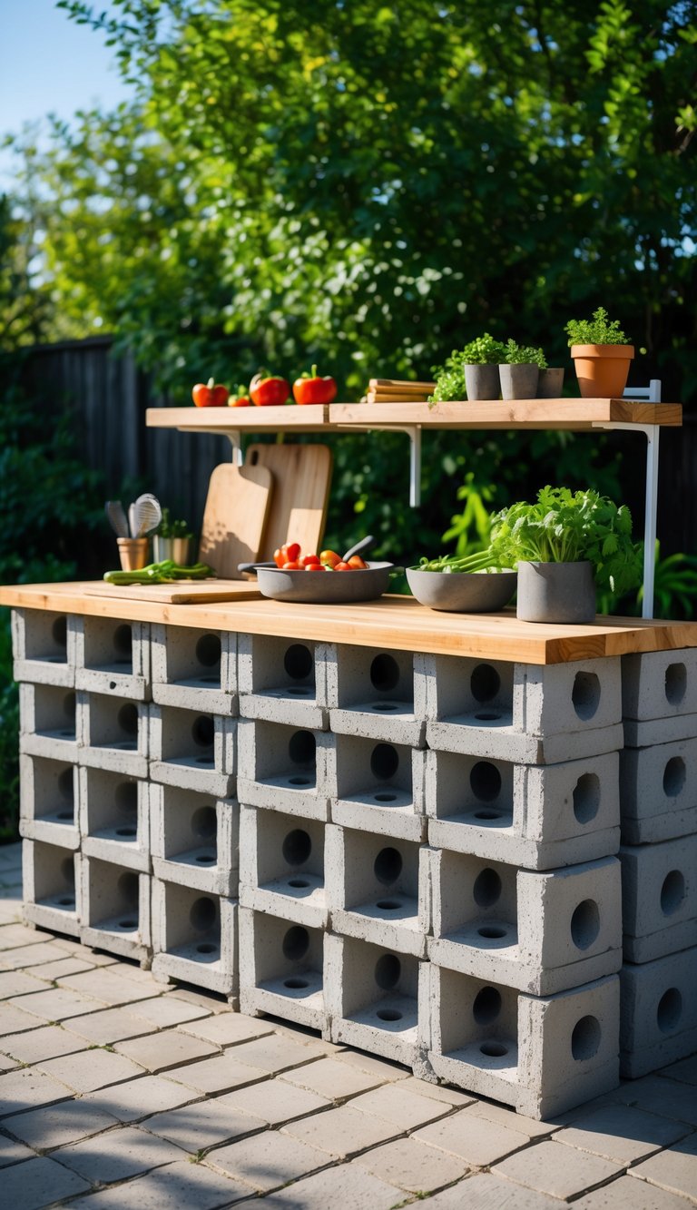 Outdoor kitchen with cinder block shelves and wooden plank countertops surrounded by greenery.