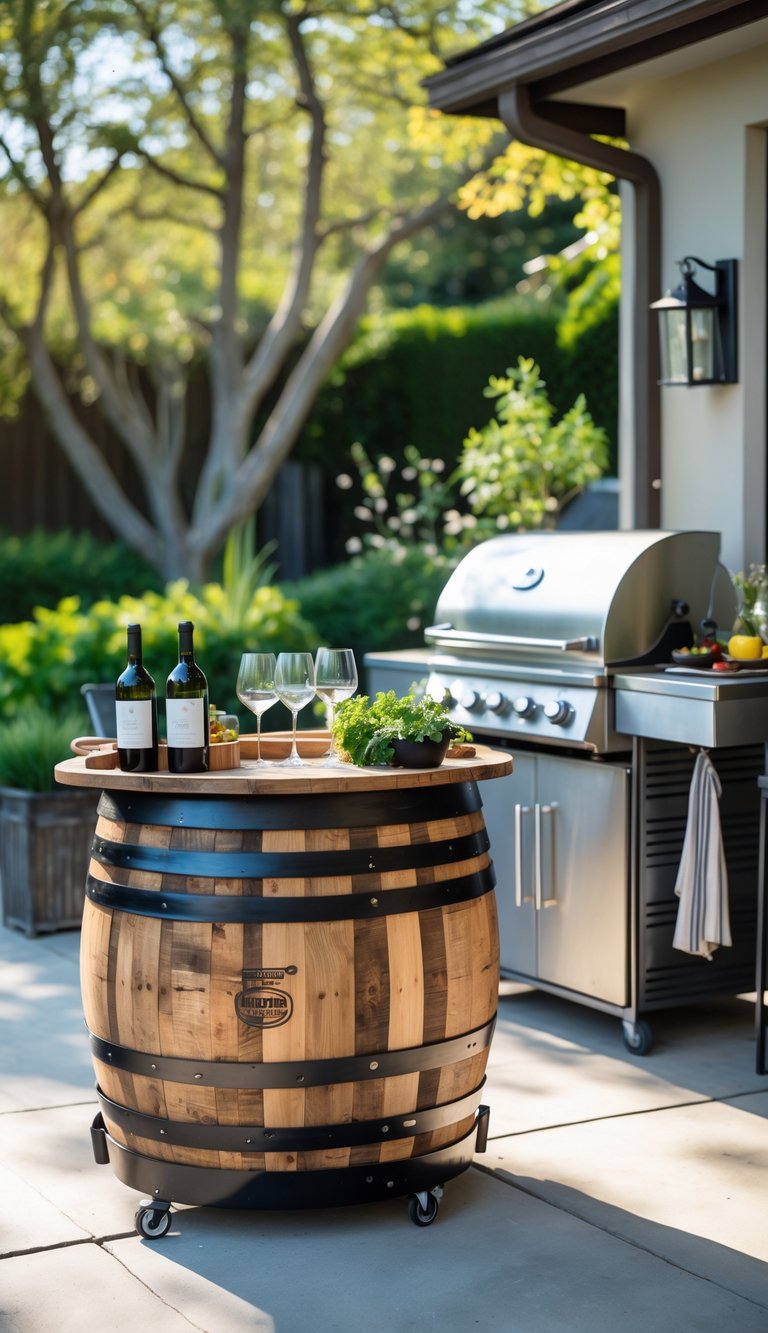 An outdoor kitchen scene with a recycled wine barrel bar cart next to a stainless steel grill on a sunny patio.