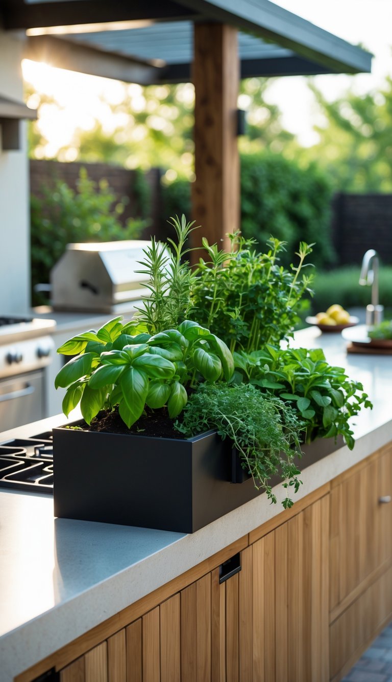 An outdoor kitchen with a herb garden planter attached to the cooking counter, filled with fresh green herbs and surrounded by a backyard setting.