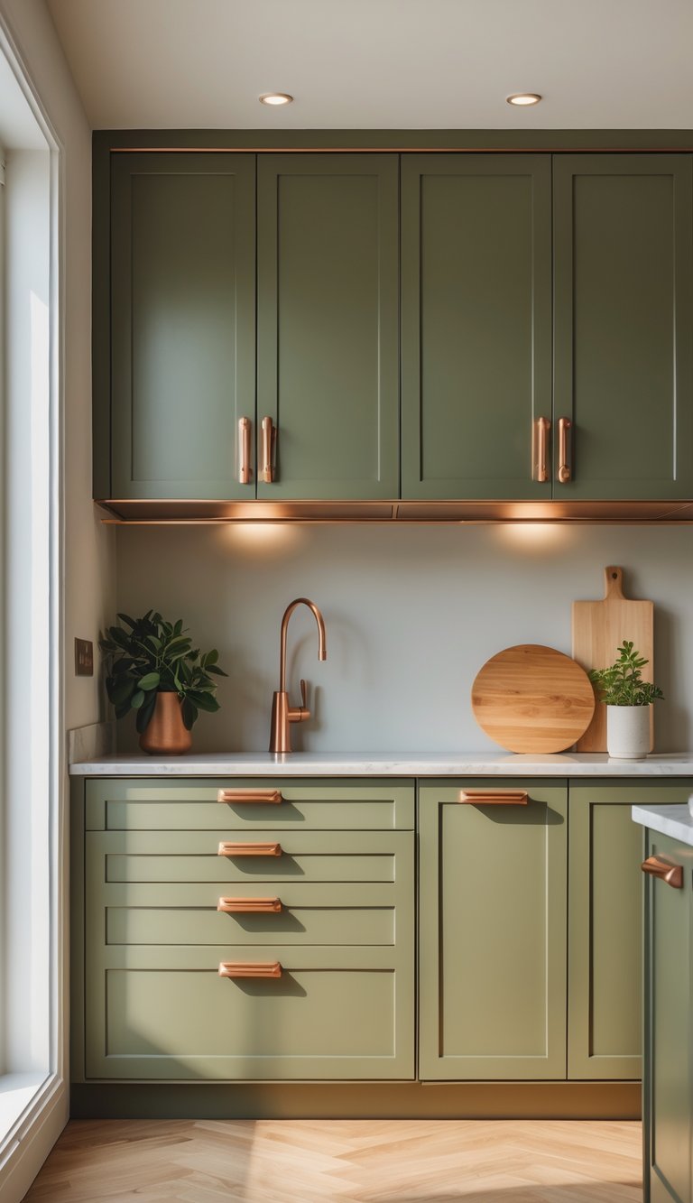 A kitchen with olive green cabinets and copper handles, illuminated by natural light.