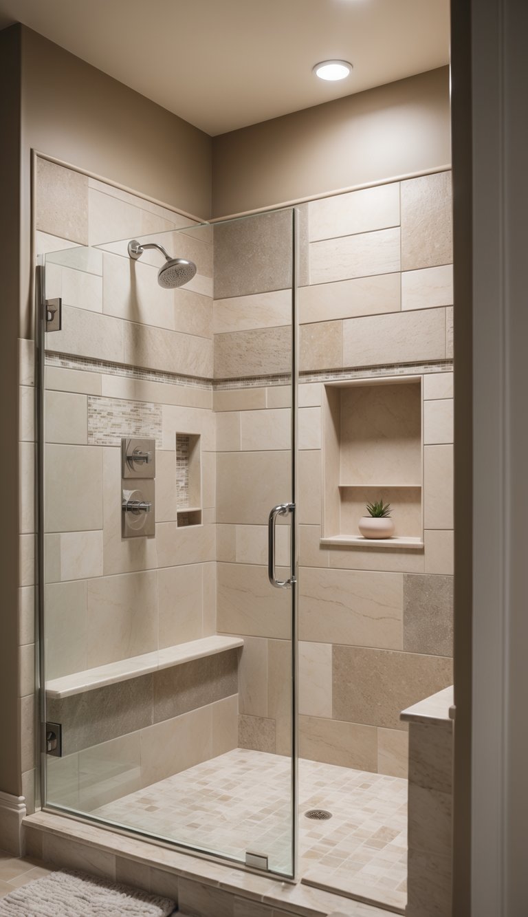 A bathroom shower area with beige and gray tiles, glass door, and chrome fixtures.