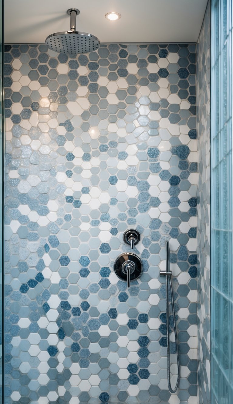 A bathroom shower with hexagon mosaic tiles on the walls and chrome fixtures.