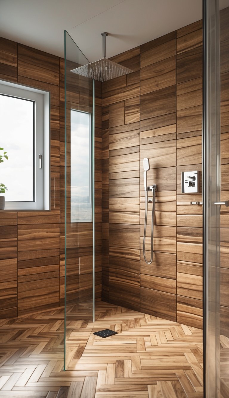 A modern bathroom shower with warm-toned faux wood tiles on the walls and floor, featuring a glass door and chrome fixtures.