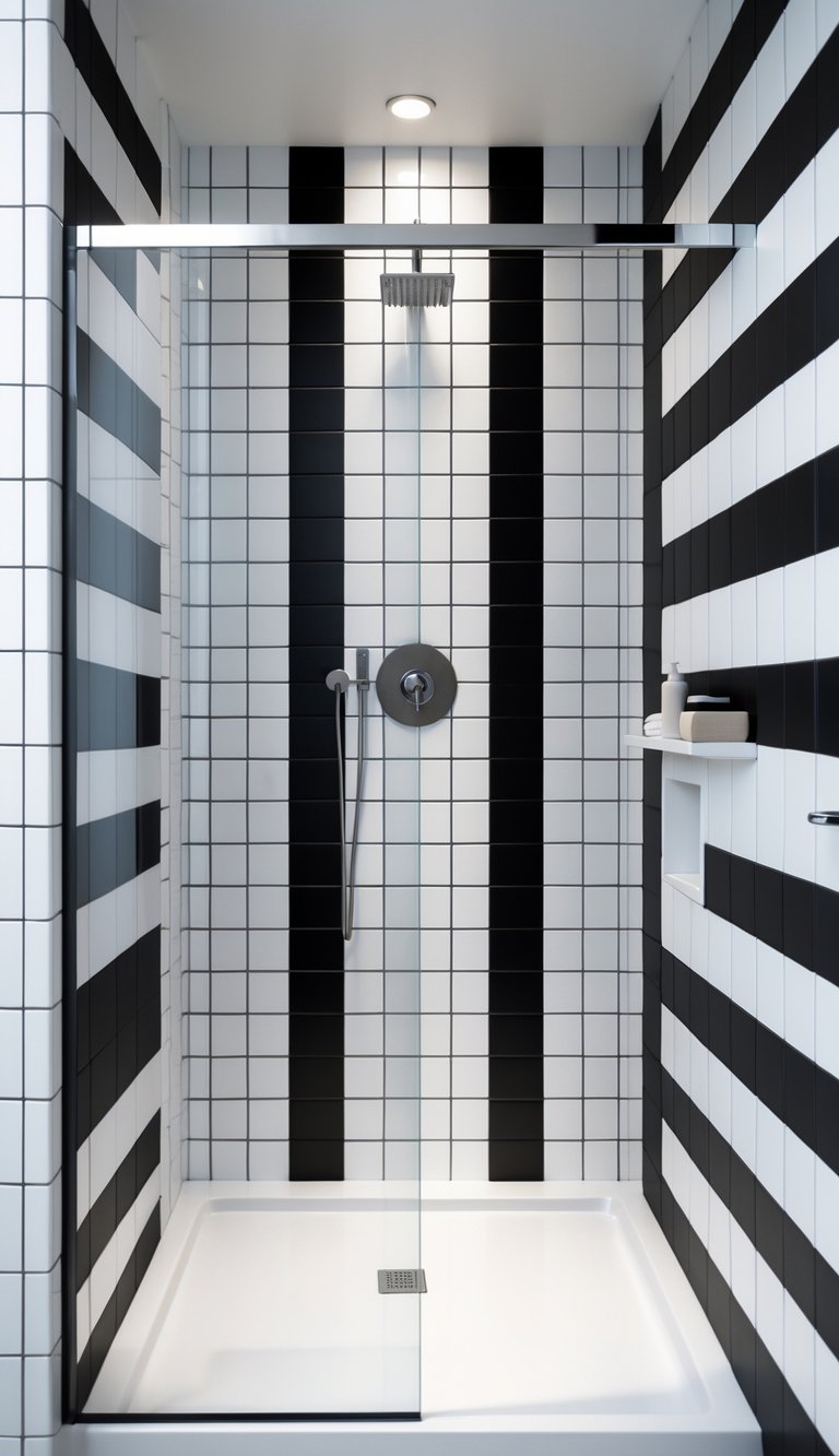 A modern bathroom shower with black and white patterned tiles and a glass door.