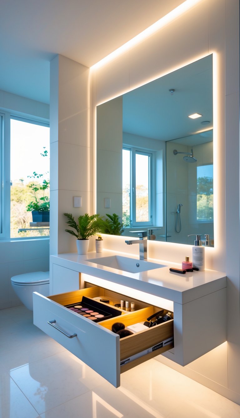A bathroom with a floating vanity featuring an illuminated drawer and a makeup area with a large mirror.