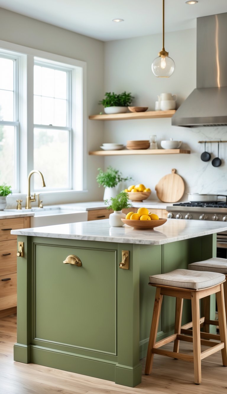 Kitchen with an olive green island in the center surrounded by light wood cabinets and natural light coming through windows.