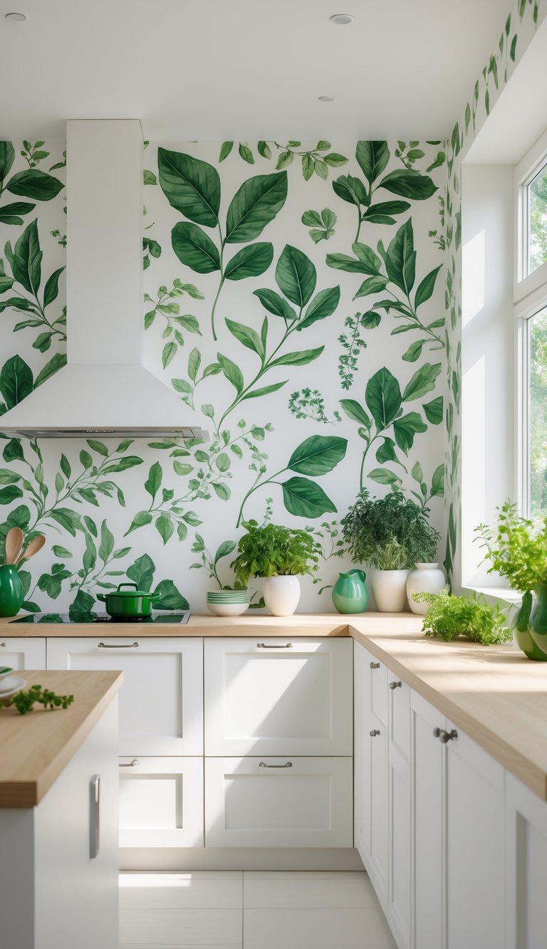 Bright modern kitchen with green botanical wallpaper, white cabinets, wooden countertops, and potted plants.