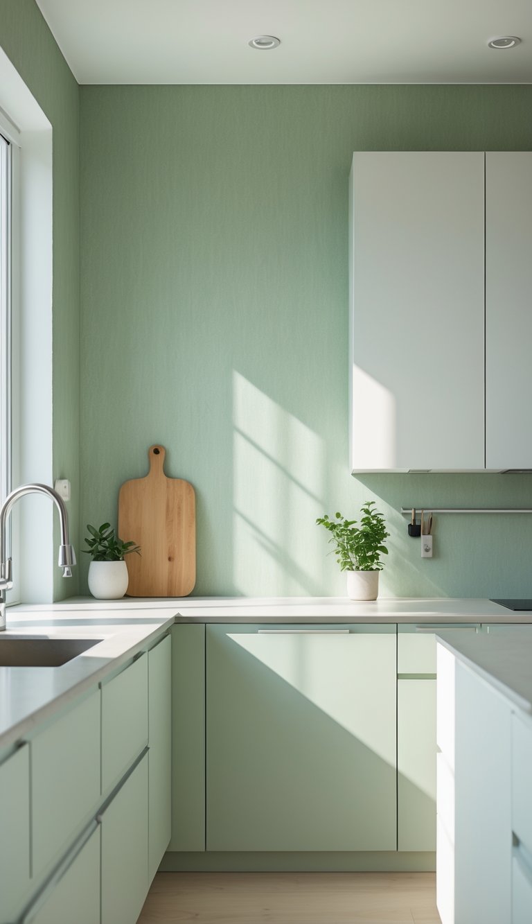 A modern kitchen with subtle sage green wallpaper on one wall and white cabinets, featuring natural light and simple decor.