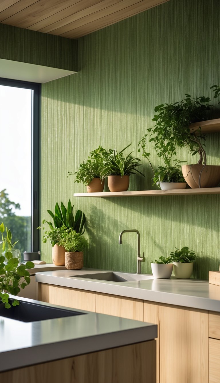 A modern kitchen with green textured wallpaper, wooden cabinets, and green plants on shelves and countertops.