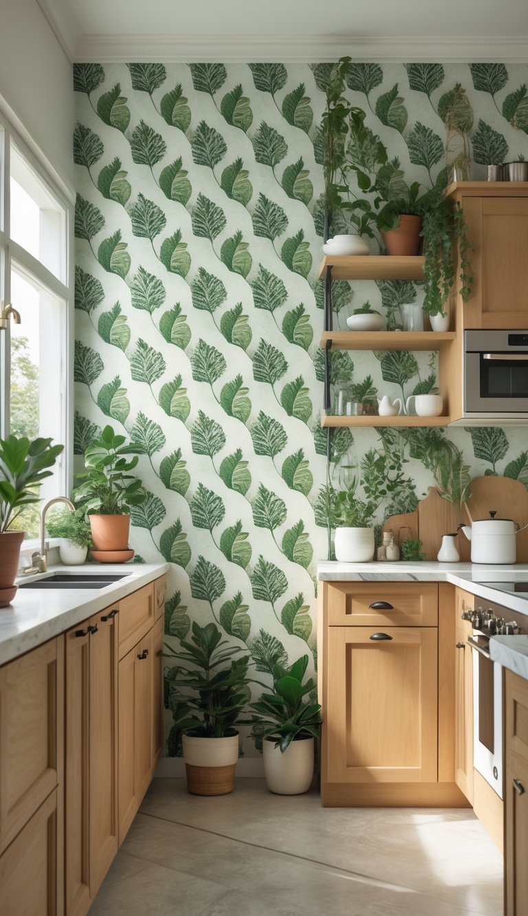 Bright kitchen interior with green leaf patterned wallpaper on one wall, wooden cabinets, white countertop, and potted plants.