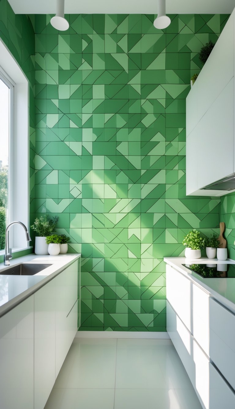 A bright kitchen with white cabinets and large windows, featuring green geometric patterned wallpaper on the walls.