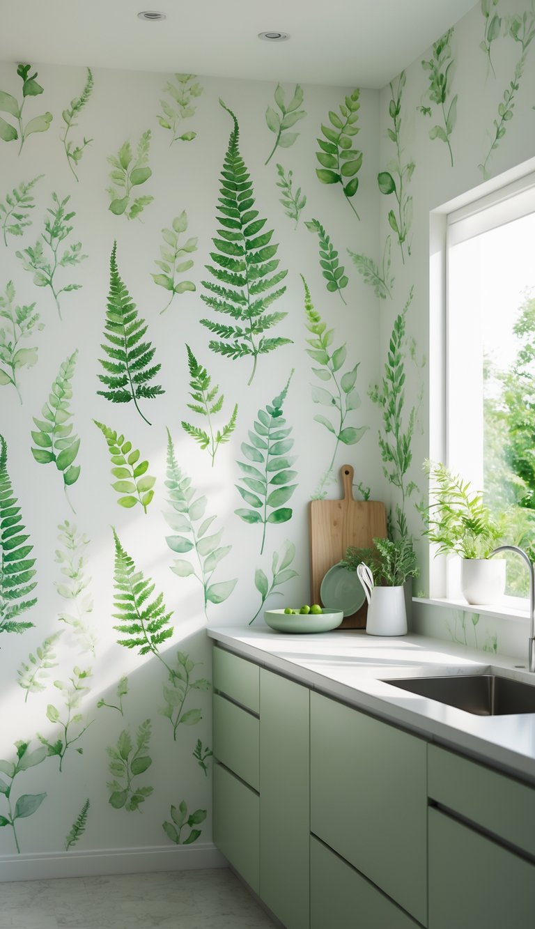 Modern kitchen interior with green fern wallpaper and natural light.
