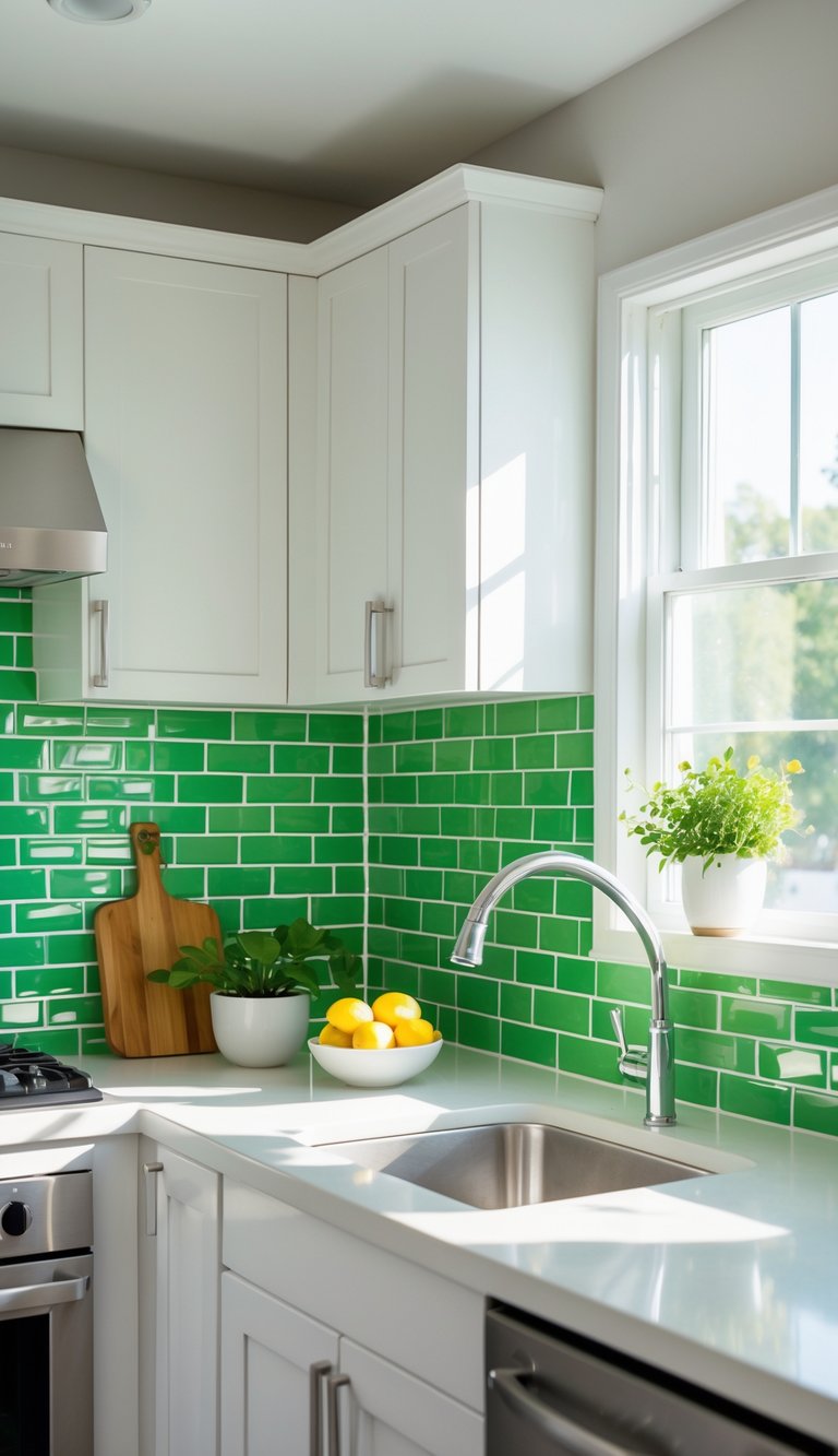 A bright kitchen with white cabinets and a green tile backsplash, sunlight coming through a window, and a countertop with a plant and kitchen items.