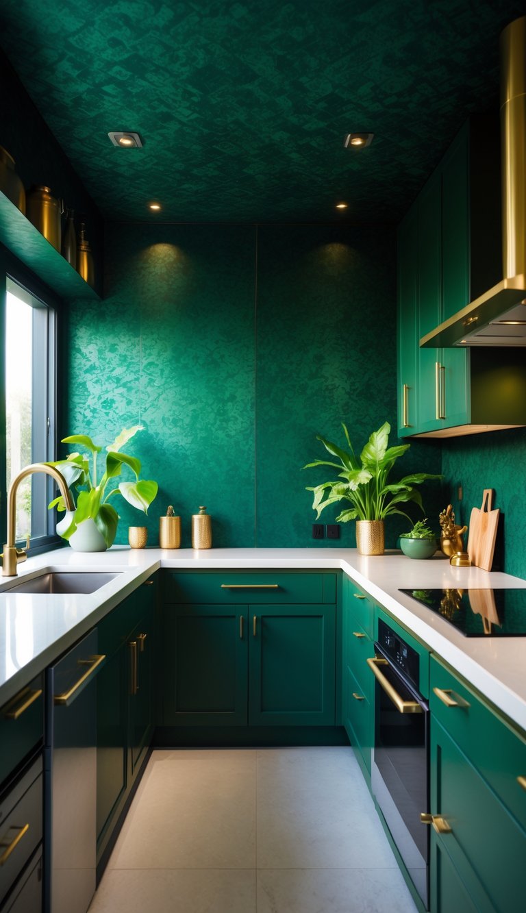 A modern kitchen with deep green wallpaper, neutral cabinets, plants, and natural light creating a warm and inviting atmosphere.