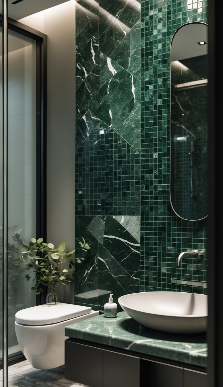 Close-up of a bathroom wall with hunter green marble mosaic tiles, modern sink, and subtle plant in the background.