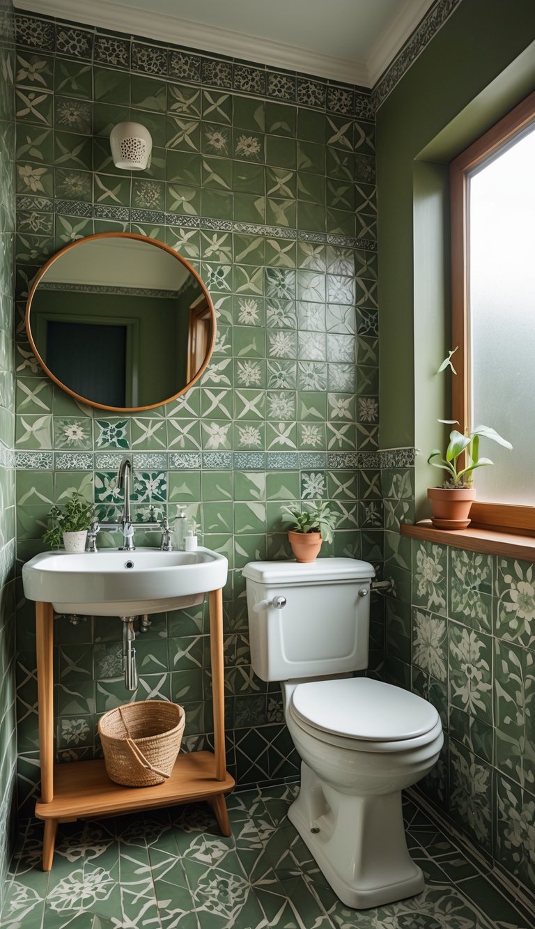 Bathroom with olive green patterned tiles on walls and floor, white sink, round mirror, wooden shelf, and a small plant.