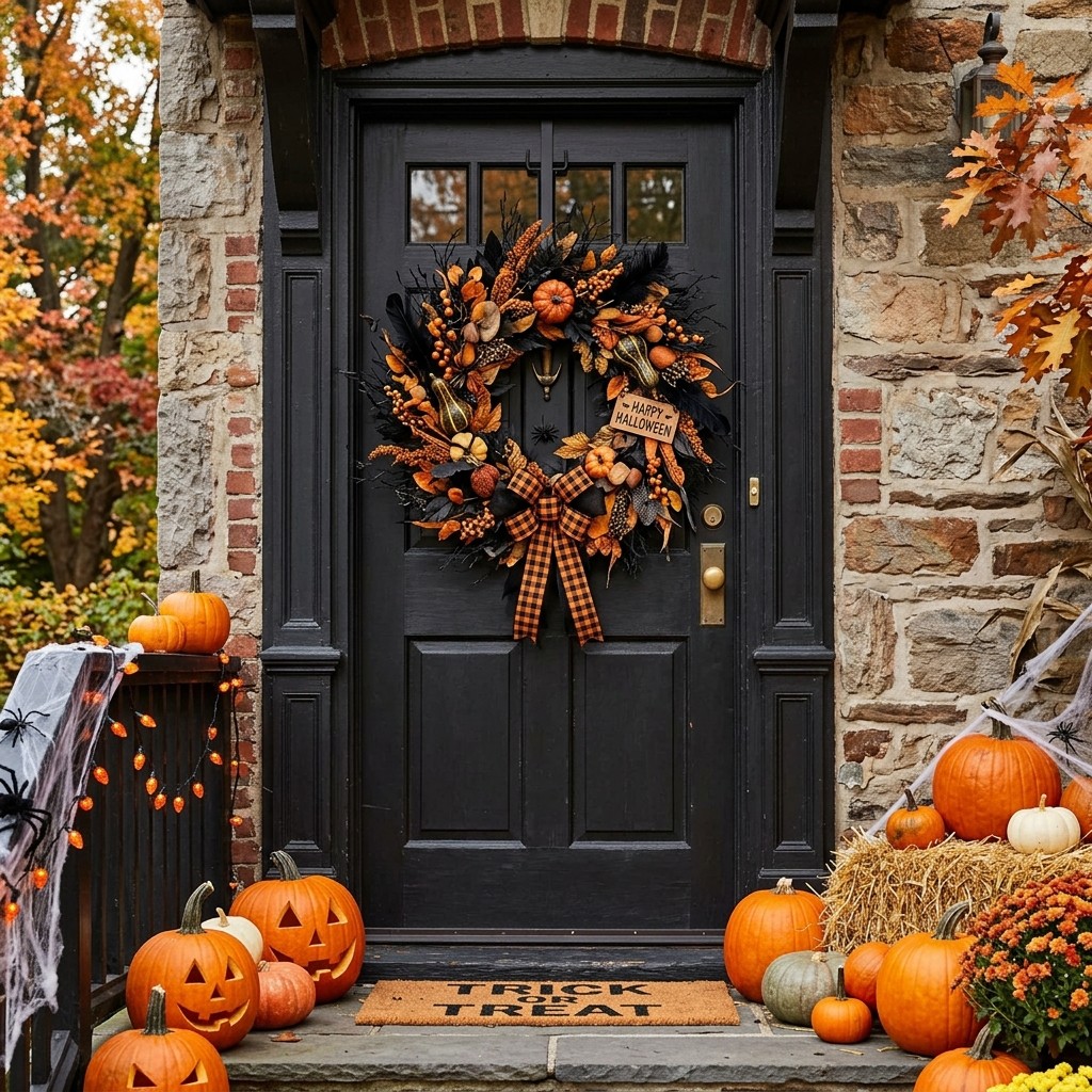 A black-and-orange autumn wreath hangs on a front door decorated for Halloween.
