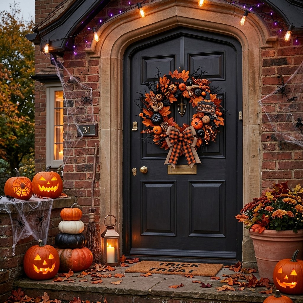 A black-and-orange autumn wreath hangs on a front door decorated for Halloween.