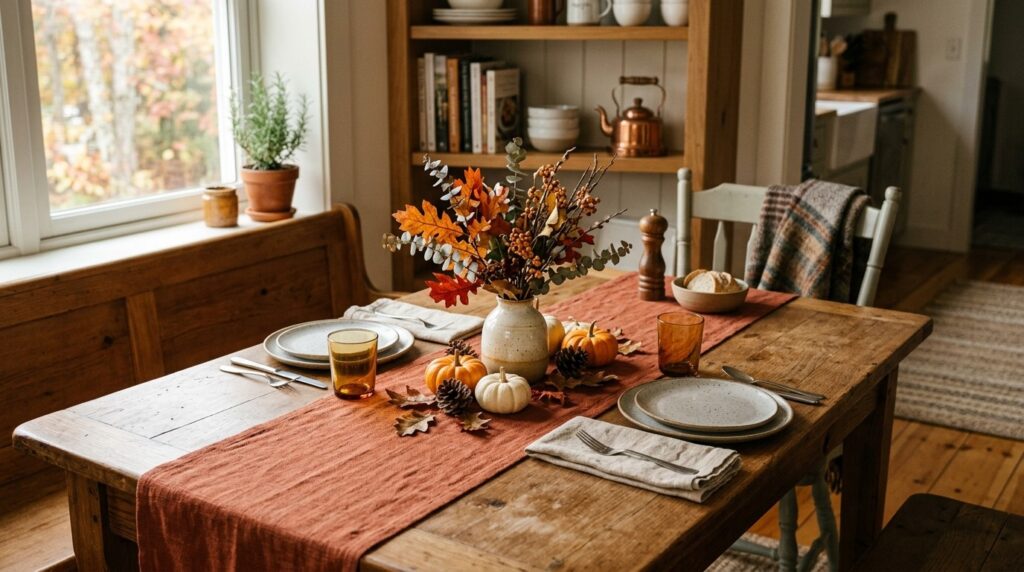 A kitchen table with a rust-colored runner and a simple autumn centerpiece.