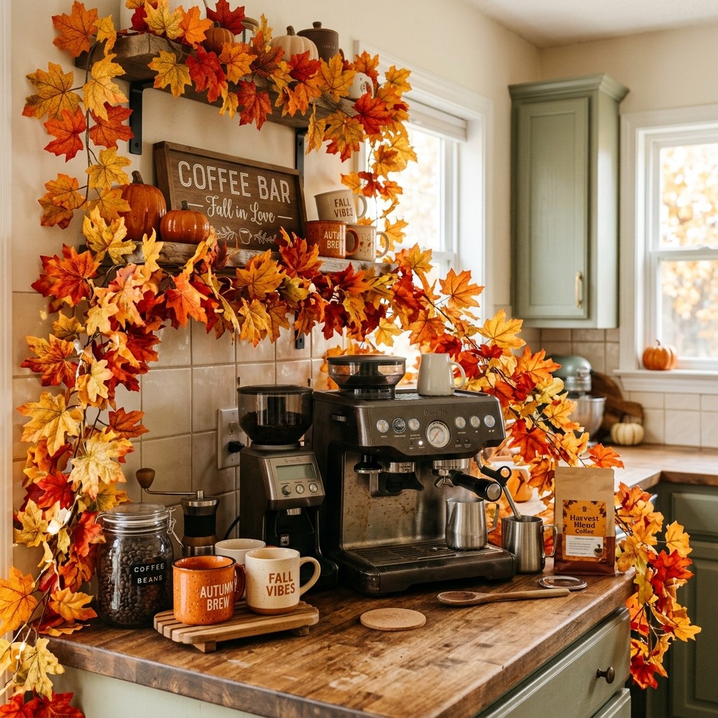 A kitchen coffee station surrounded by colorful faux maple leaves.