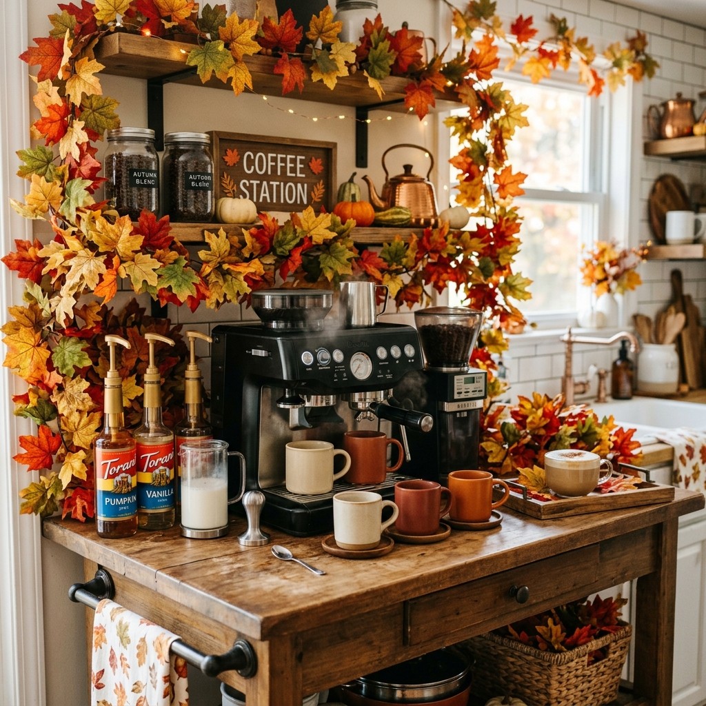 A kitchen coffee station surrounded by colorful faux maple leaves.