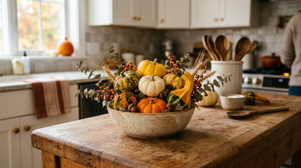 A small arrangement of miniature pumpkins and gourds sits in a bowl on a kitchen island.