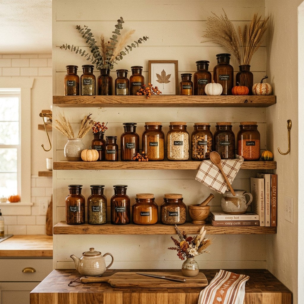 Open kitchen shelves decorated with amber glass jars and subtle autumn accents.