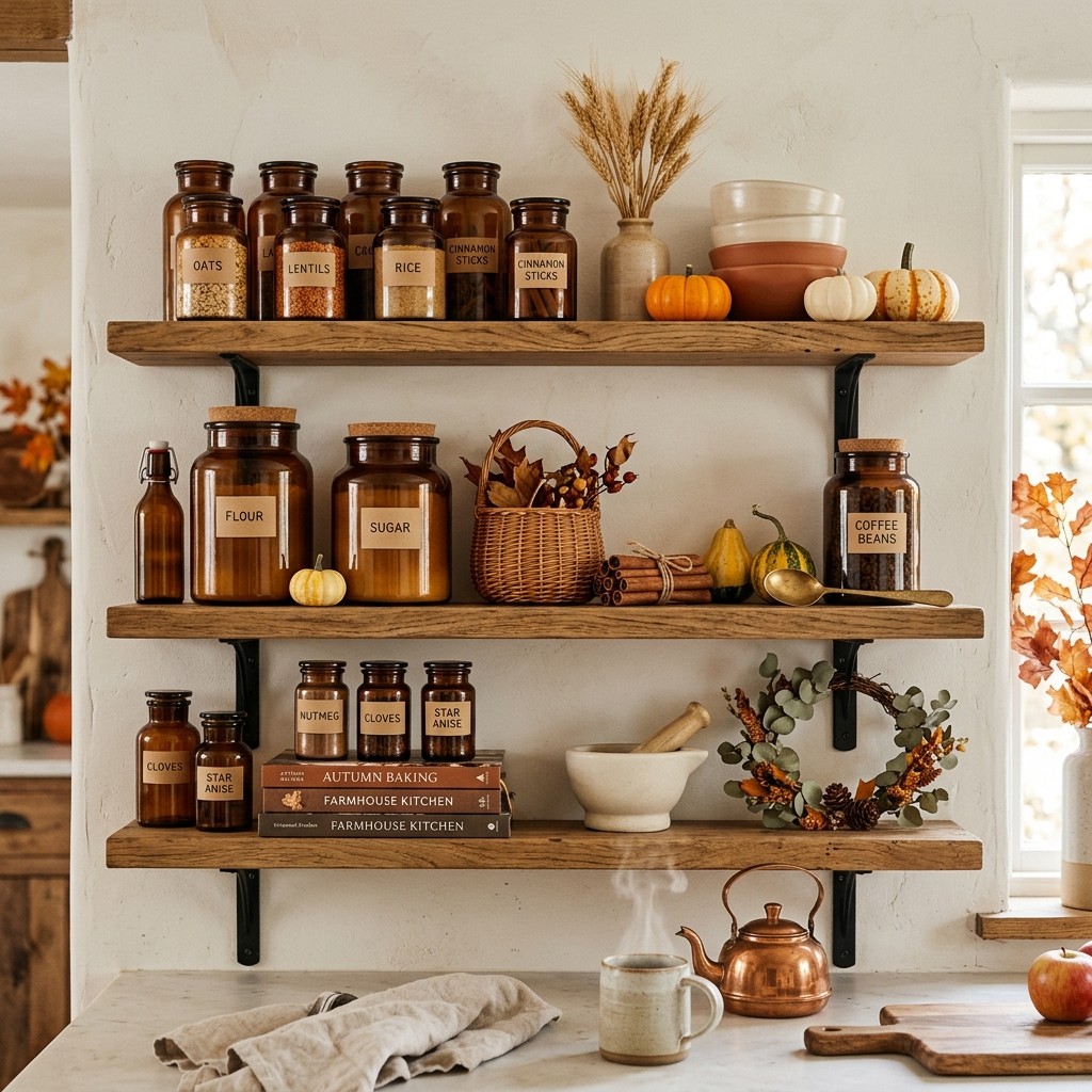 Open kitchen shelves decorated with amber glass jars and subtle autumn accents.