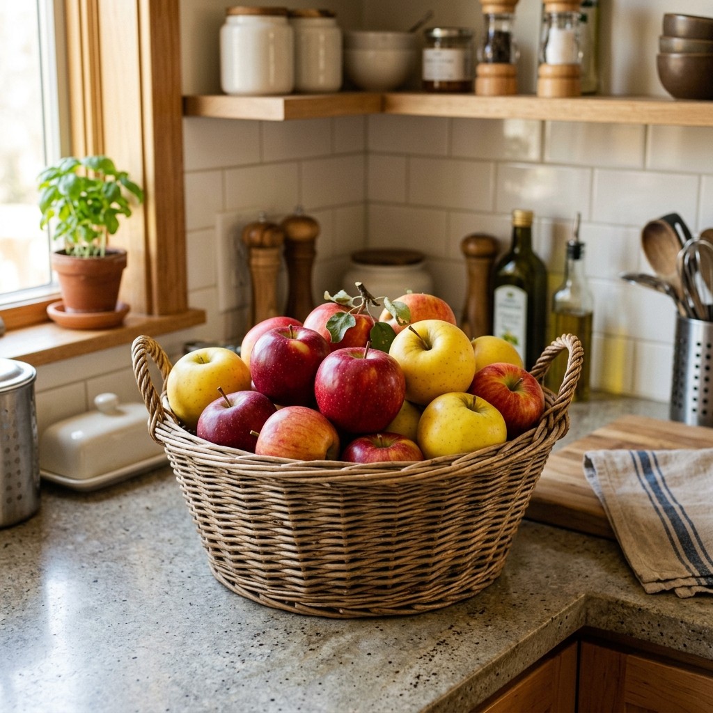 A woven basket filled with red and golden apples on a kitchen countertop.