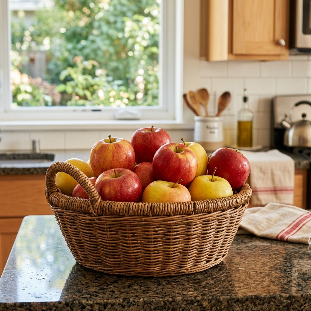 A woven basket filled with red and golden apples on a kitchen countertop.