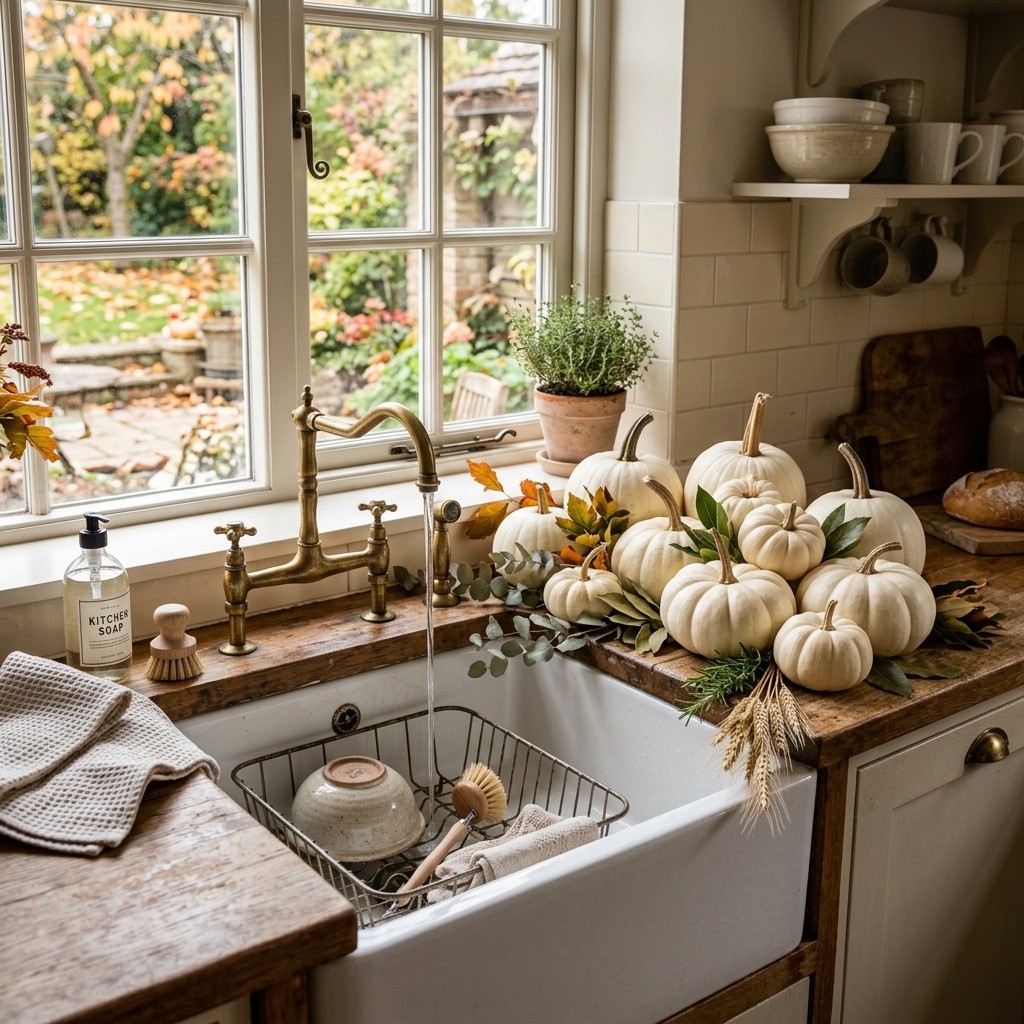 White pumpkins arranged beside a farmhouse kitchen sink.