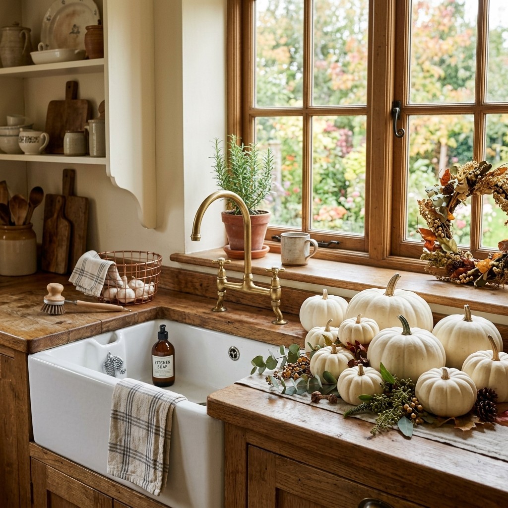 White pumpkins arranged beside a farmhouse kitchen sink.