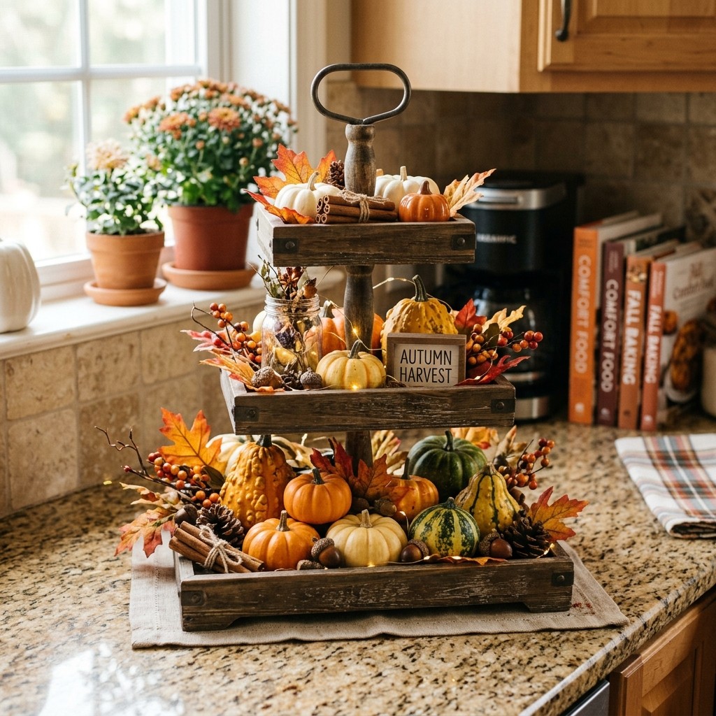 A tiered wooden tray decorated with cinnamon sticks, miniature pumpkins, gourds, and autumn leaves on a kitchen countertop.