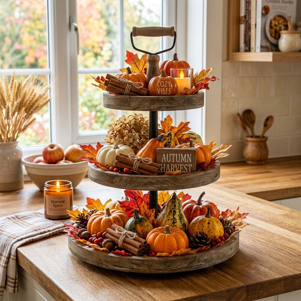 A tiered wooden tray decorated with cinnamon sticks, miniature pumpkins, gourds, and autumn leaves on a kitchen countertop.