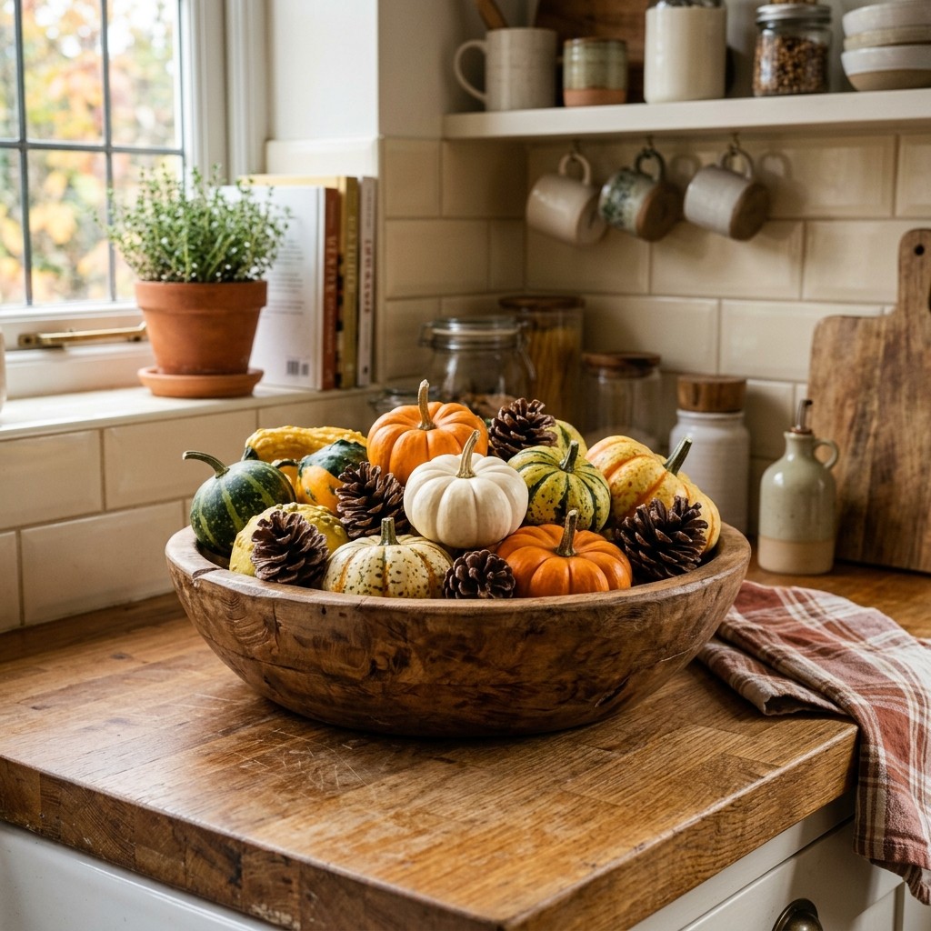 A wooden bowl filled with gourds, small pumpkins, and pinecones sits on a kitchen countertop.