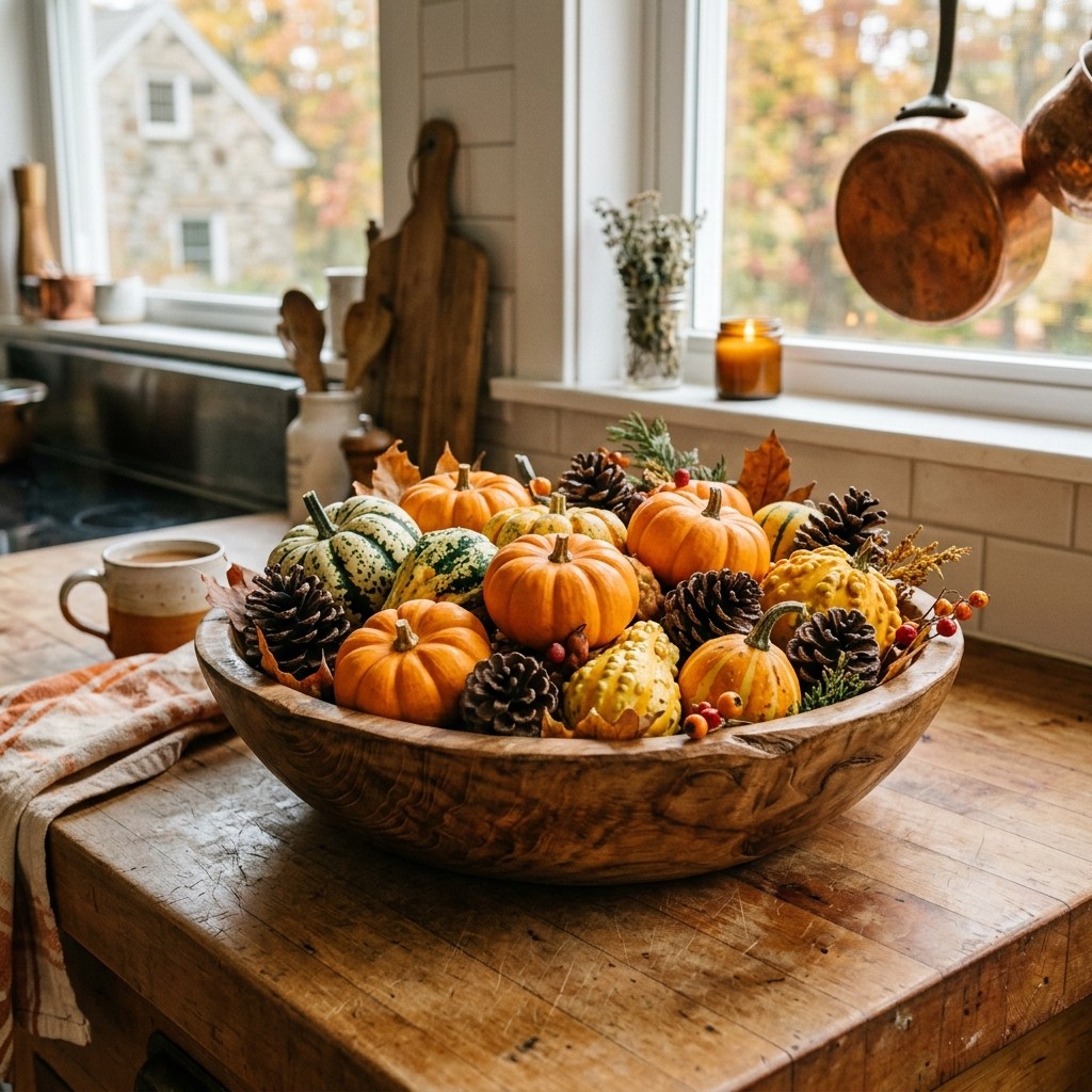 A wooden bowl filled with gourds, small pumpkins, and pinecones sits on a kitchen countertop.