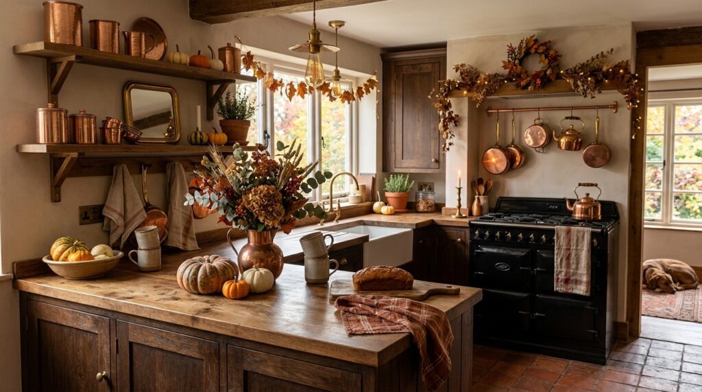 Warm autumn kitchen decorated with brass and copper accents, pumpkins, and dried foliage.