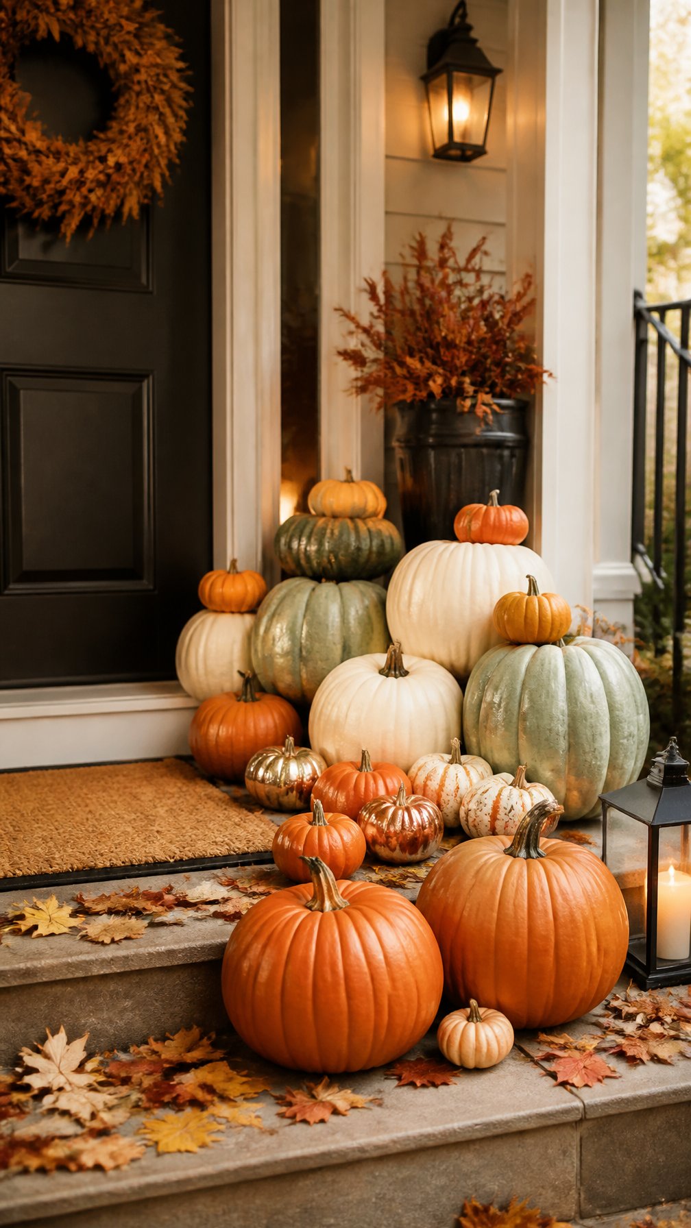 A front porch decorated with layered pumpkins in different sizes, colors, and finishes.