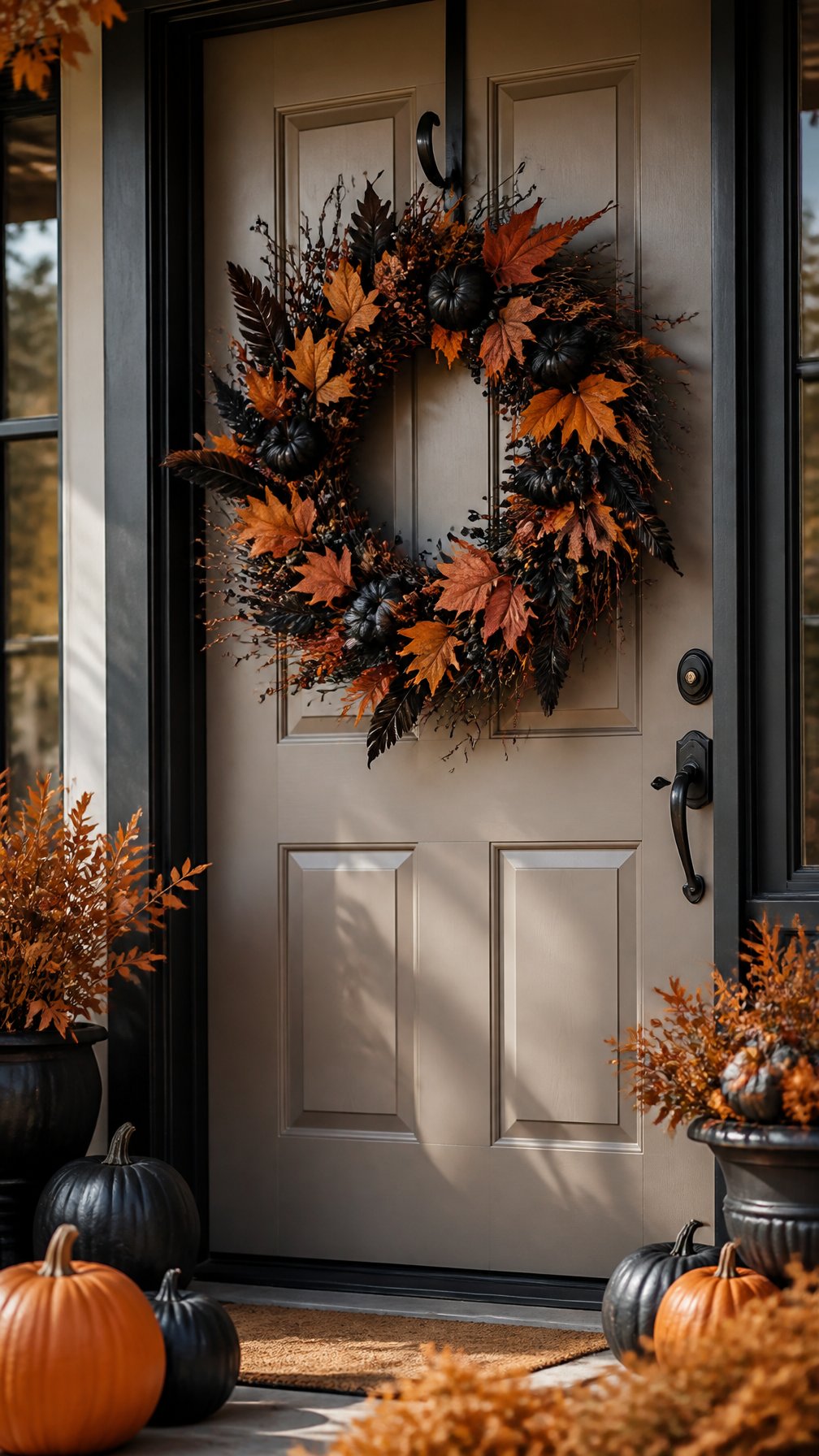 A black-and-orange autumn wreath hangs on a front door decorated for Halloween.