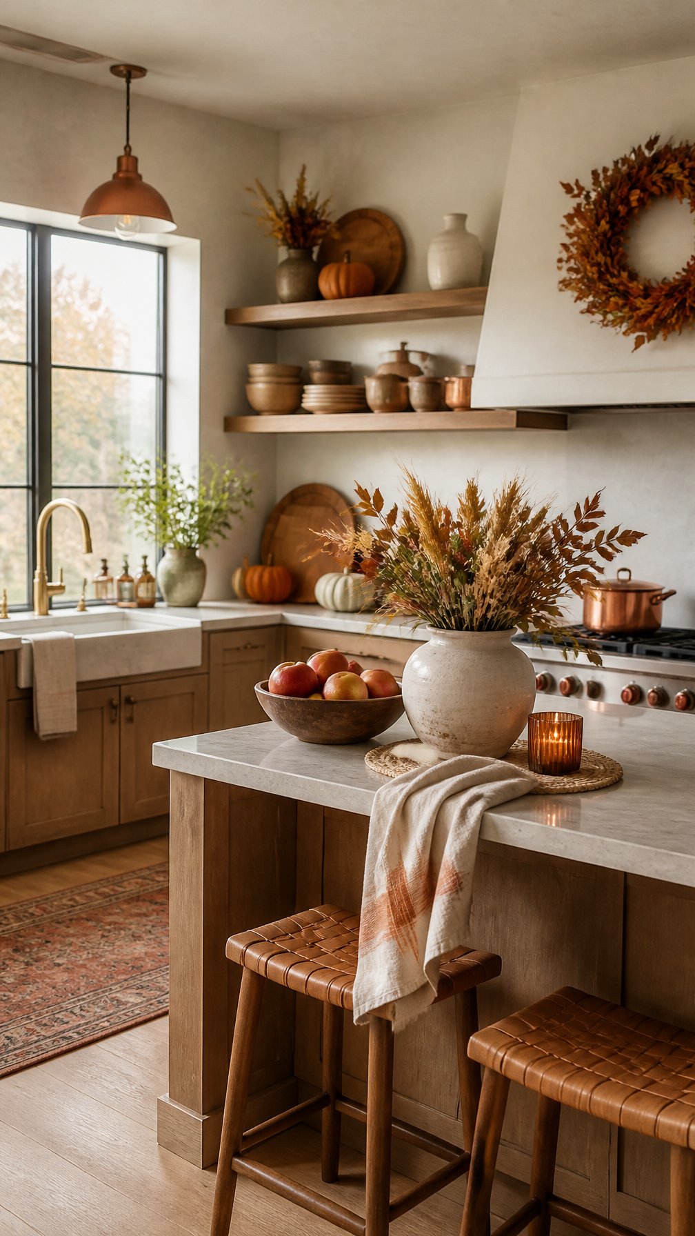 A warmly decorated kitchen featuring pumpkins, autumn foliage, dried wheat, and other seasonal accents.