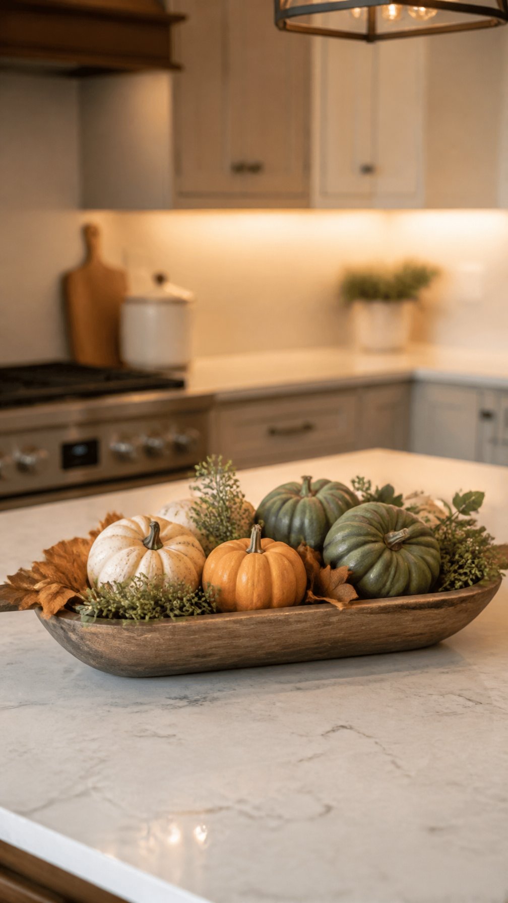 A small arrangement of miniature pumpkins and gourds sits in a bowl on a kitchen island.