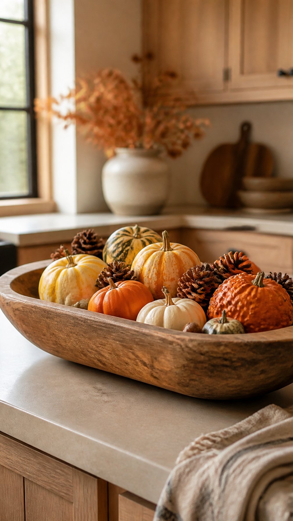 A wooden bowl filled with gourds, small pumpkins, and pinecones sits on a kitchen countertop.