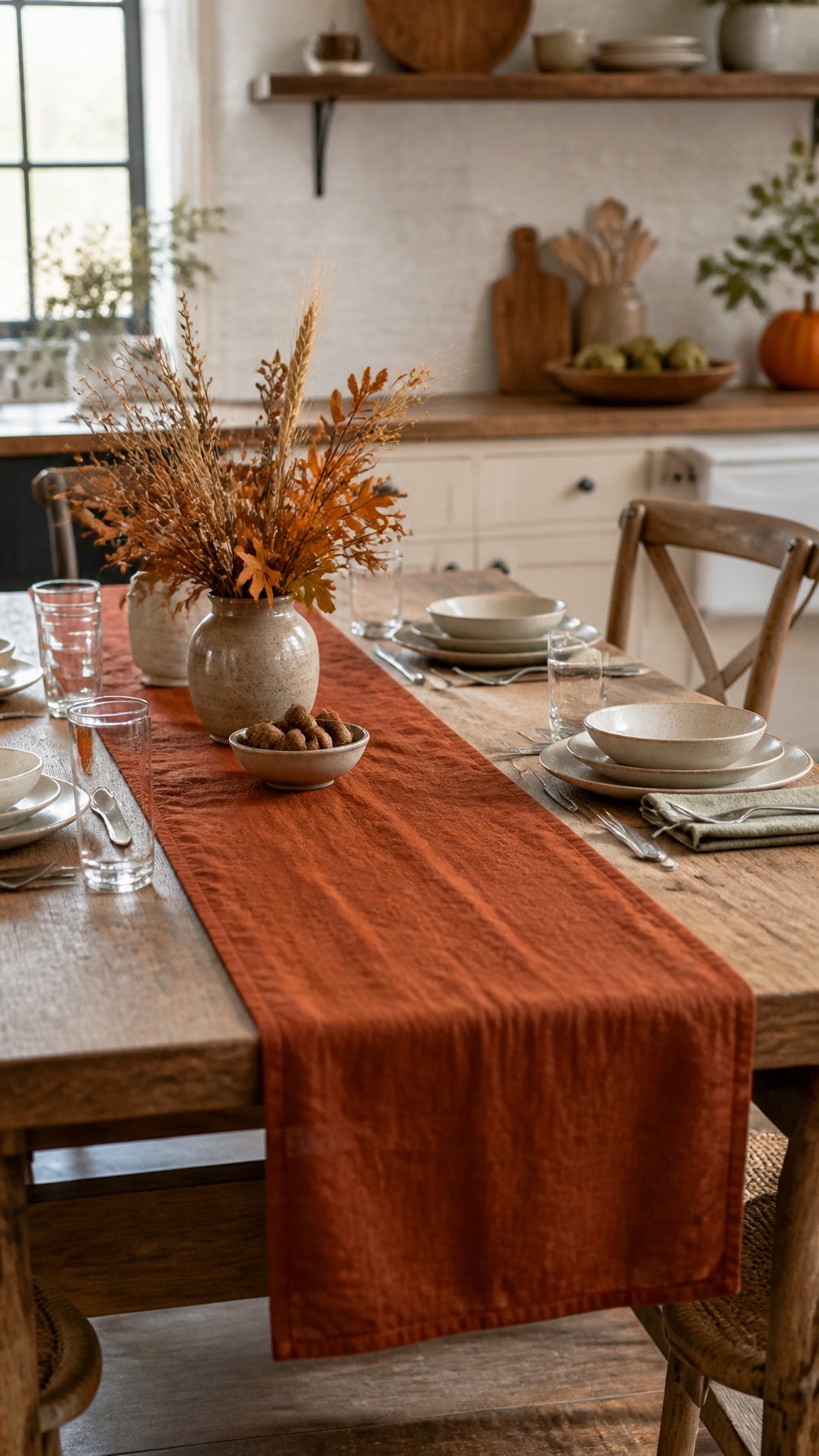 A kitchen table with a rust-colored runner and a simple autumn centerpiece.