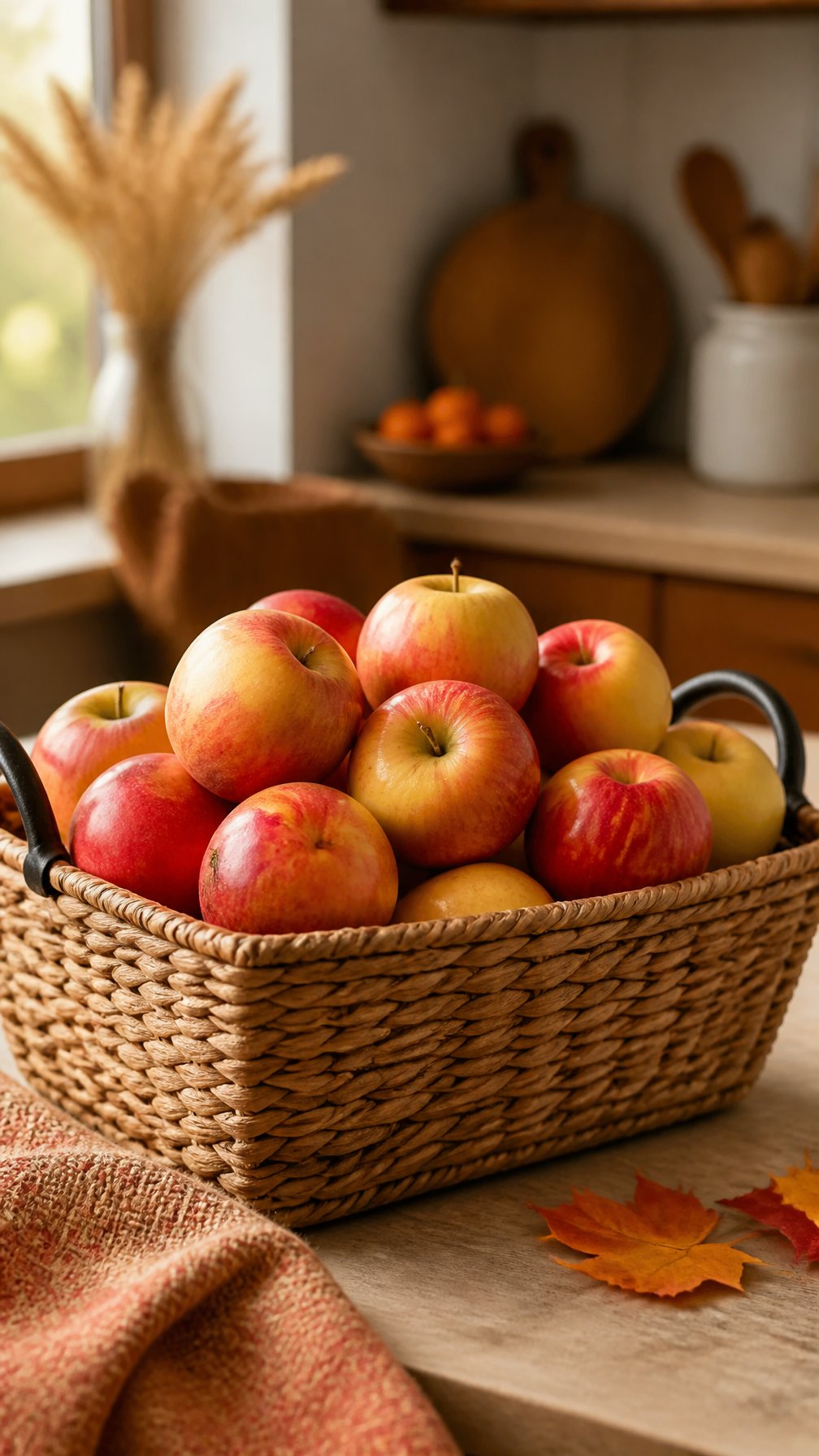 A woven basket filled with red and golden apples on a kitchen countertop.