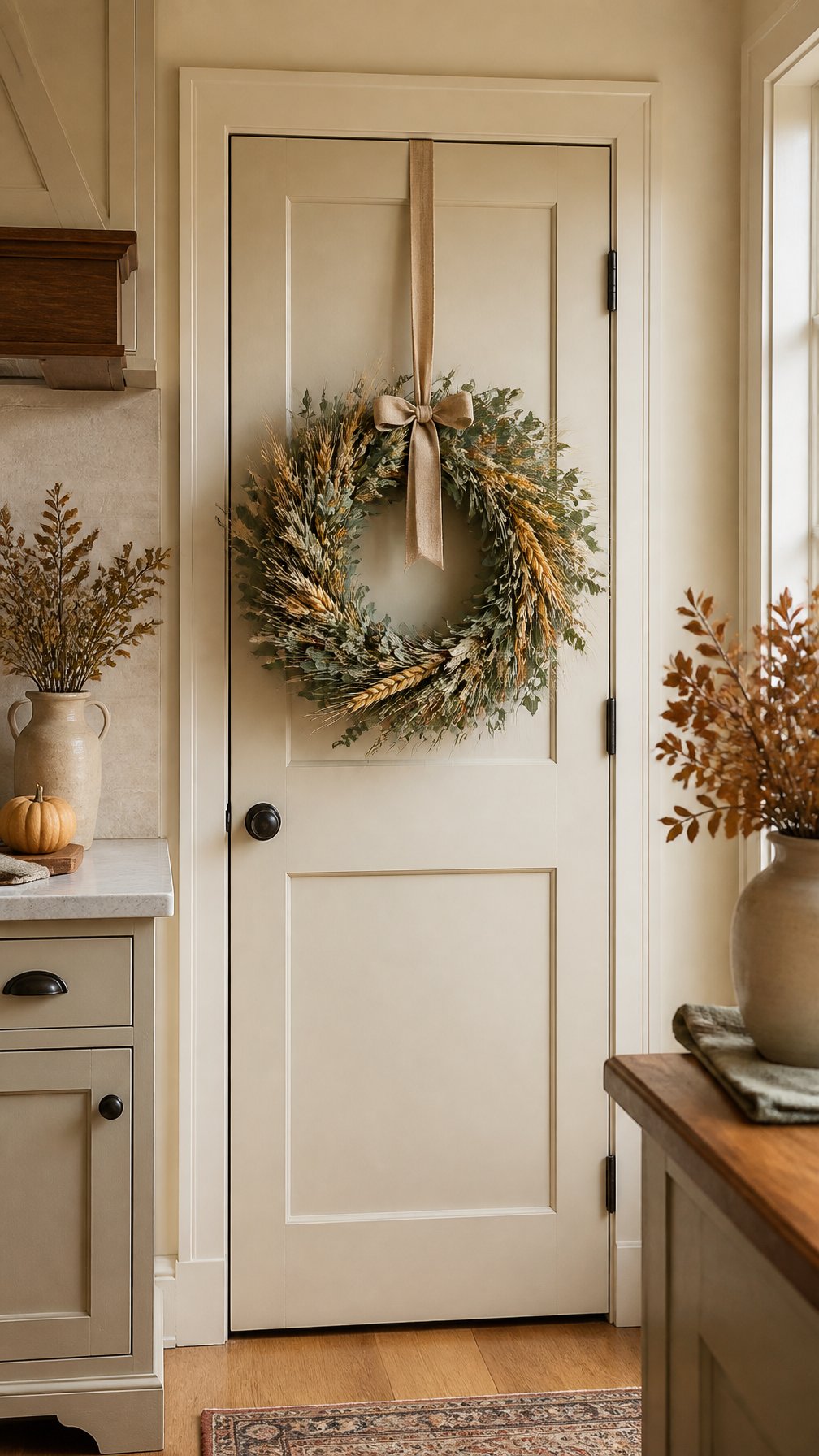 A eucalyptus-and-wheat wreath hangs on a pantry door in a warm, inviting kitchen.