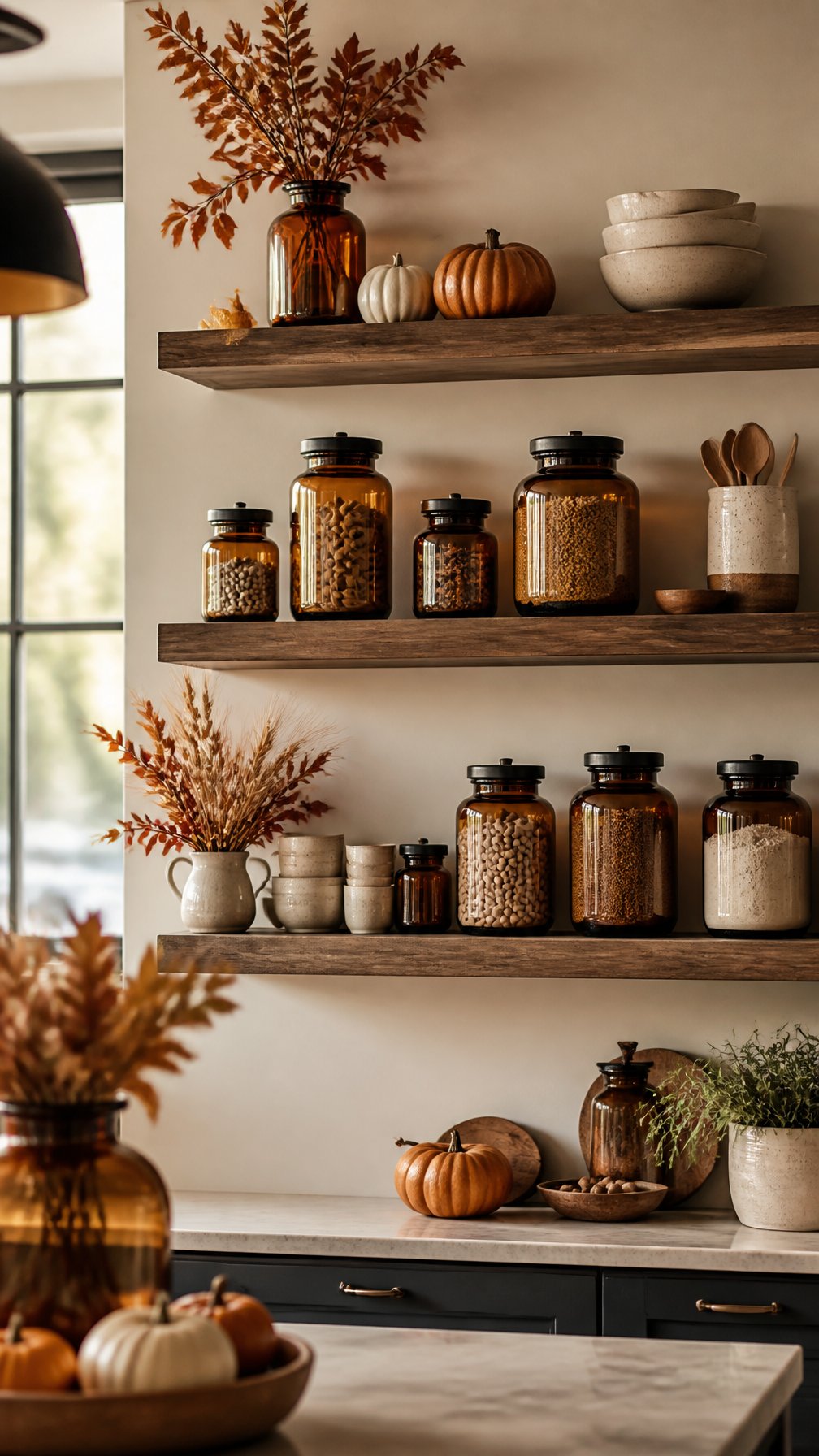 Open kitchen shelves decorated with amber glass jars and subtle autumn accents.