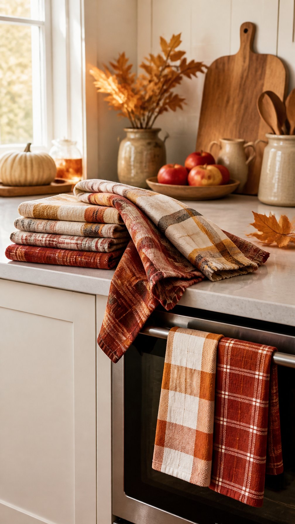 Plaid tea towels in warm autumn colors arranged in a cozy kitchen.