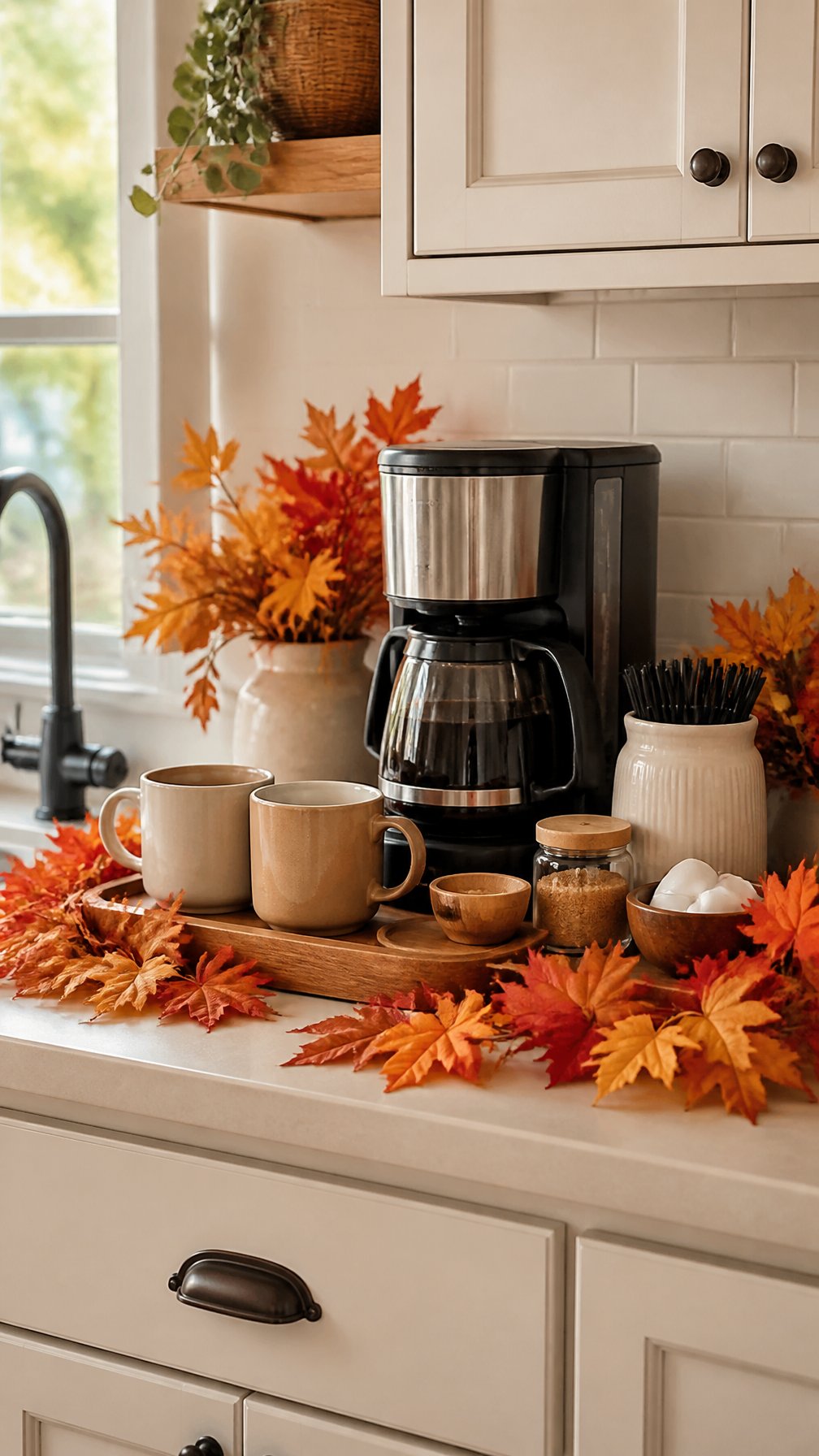A kitchen coffee station surrounded by colorful faux maple leaves.